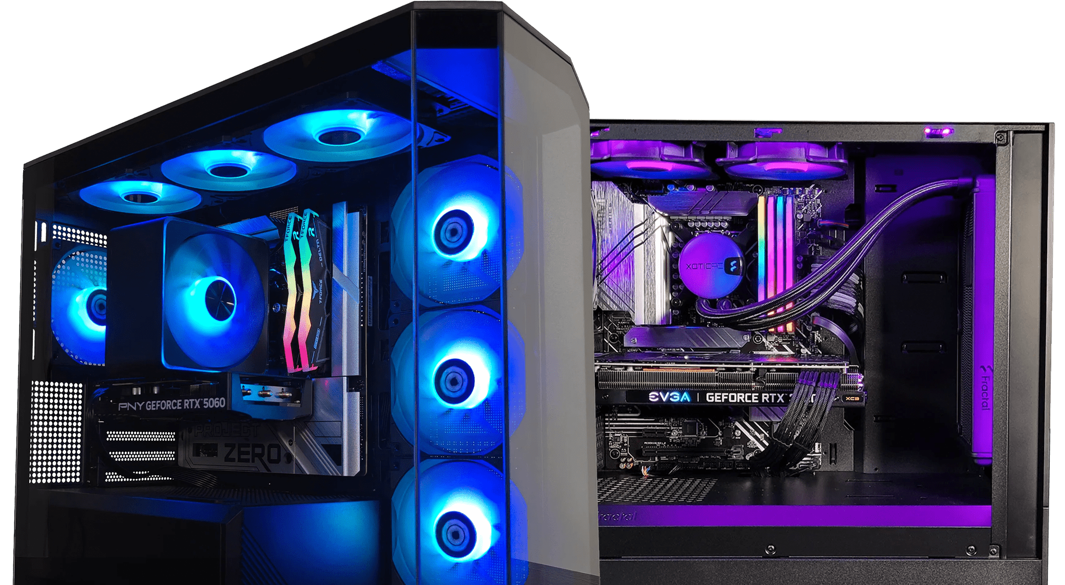 Two custom gaming PCs with tempered glass panels and RGB lighting. The left build features a PNY GeForce RTX 5060 graphics card, Project Zero motherboard, and blue LED fans. The right build includes an EVGA GeForce RTX GPU, liquid cooling with XOTIC PC branding, and purple accent lighting inside a Fractal case.